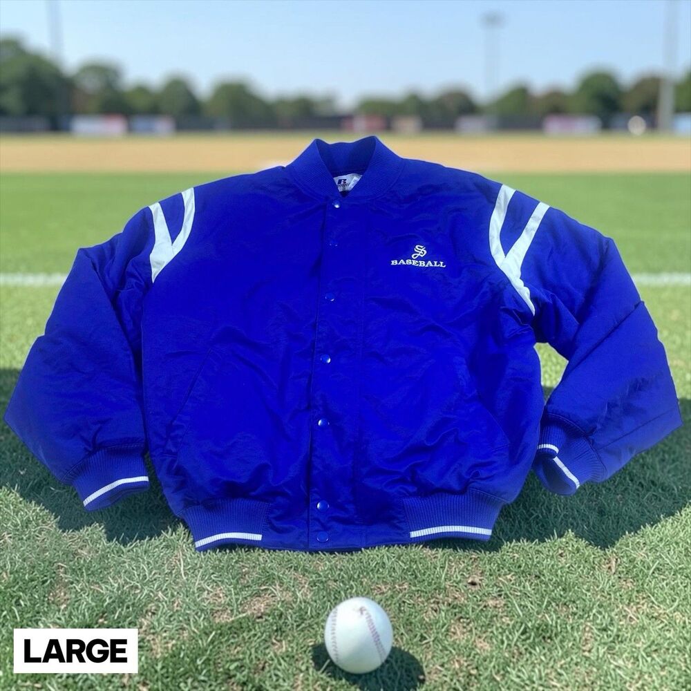 Vintage 90s Russell Bomber Varsity Jacket Mens LG Blue Baseball Sox Embroidered